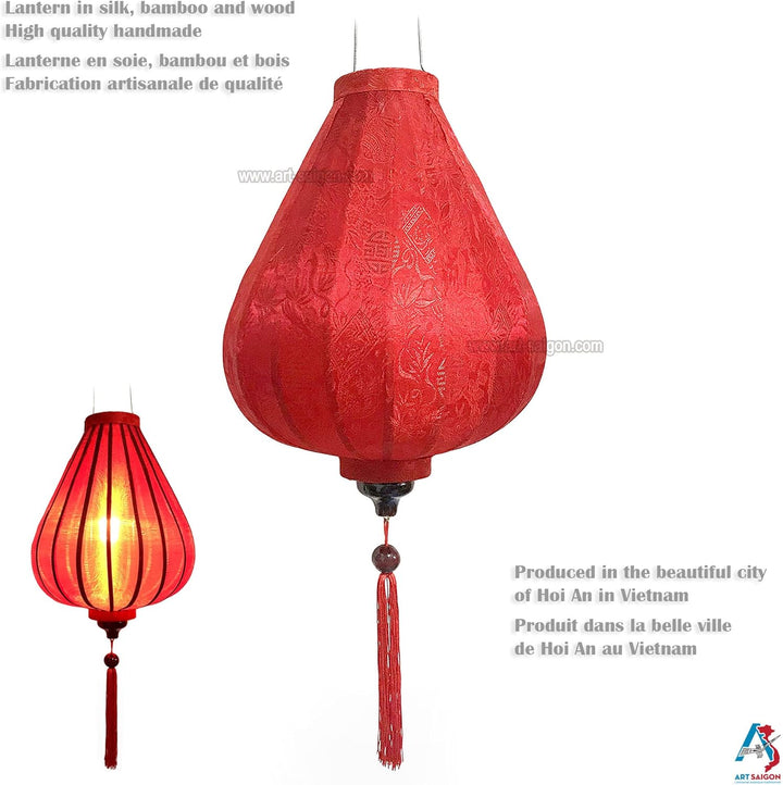 Lampion Asiatische Seide Rot G - Durchmesser Ø 33 cm - Hoi An Laterne aus Stoff, Bambus und Holz - V