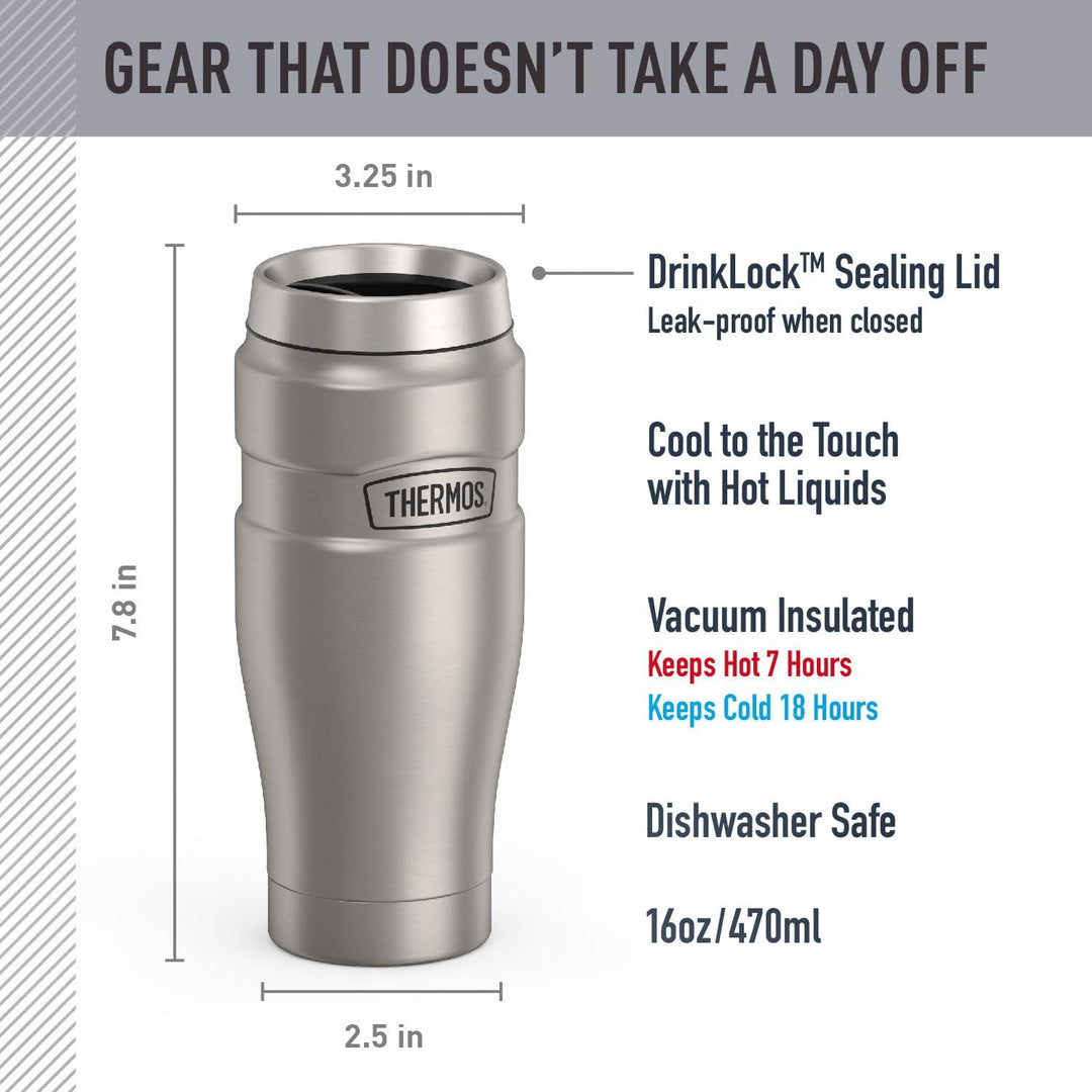 Thermos Stainless King 16 Ounce Travel Tumbler, Stainless Stee Matter Stahl, Matter Stahl