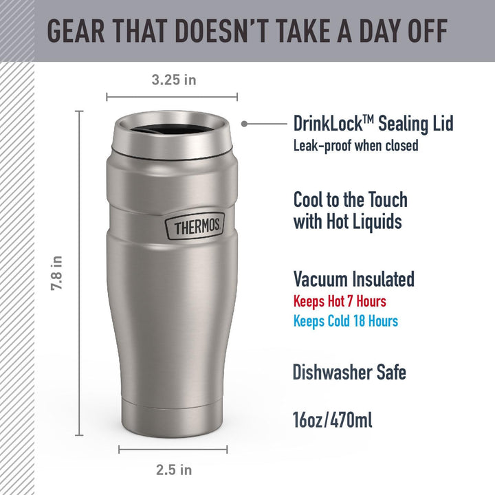 Thermos Stainless King 16 Ounce Travel Tumbler, Stainless Stee Matter Stahl, Matter Stahl