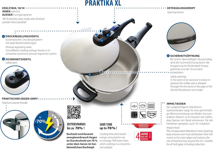 ELO Schnellkochtopf Praktika XL Set 5tlg. 22cm, aus Edelstahl 18/10, automatisches Druckregelsystem,