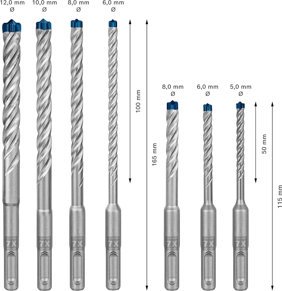 Bosch Professional 7x Expert SDS plus-7X Hammerbohrer Set (für Stahlbeton, Ø 5-12 mm, Zubehör Bohrha