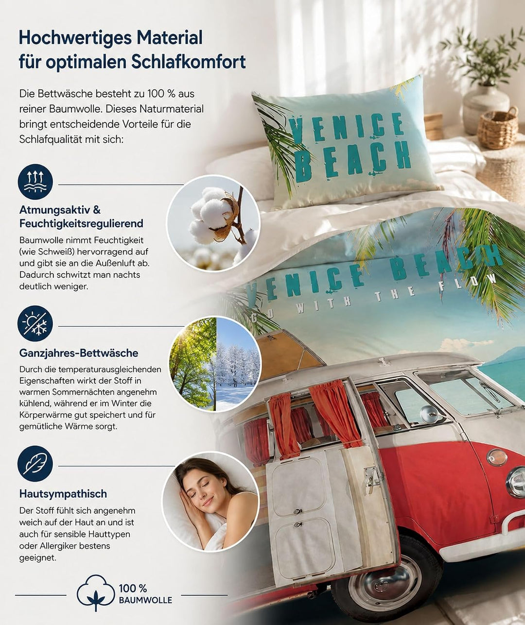 SkyBrands Volkswagen Bettwäsche VW Bulli 135x200 cm 80x80 Baumwolle Bus VW Bulli Bettwäsche-Set 2tlg