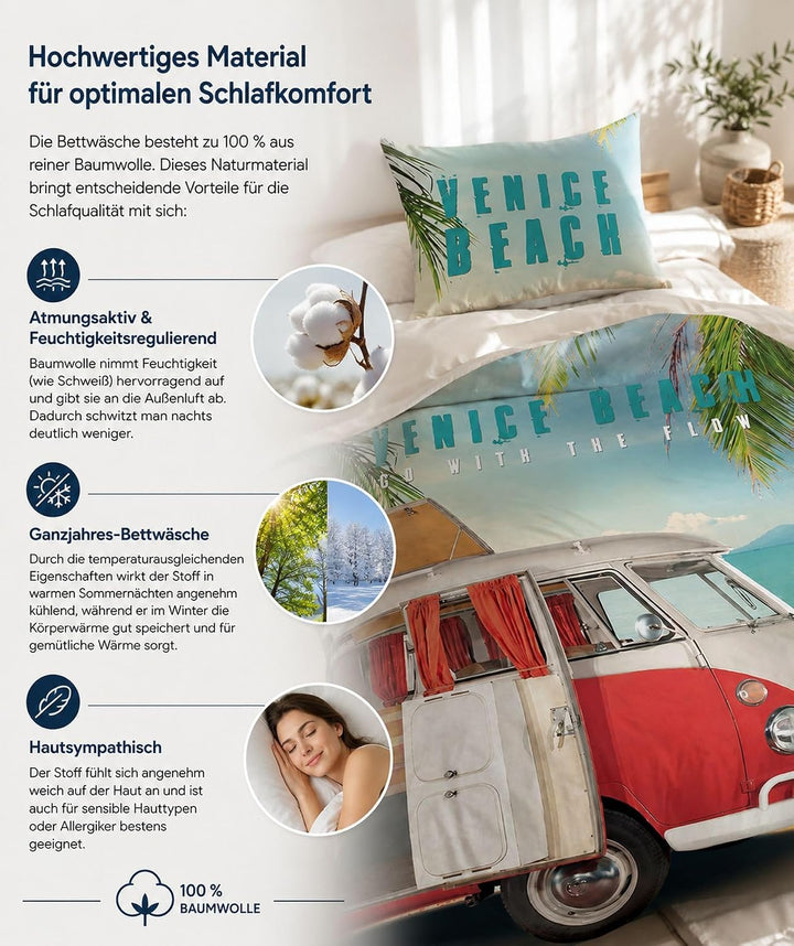 SkyBrands Volkswagen Bettwäsche VW Bulli 135x200 cm 80x80 Baumwolle Bus VW Bulli Bettwäsche-Set 2tlg