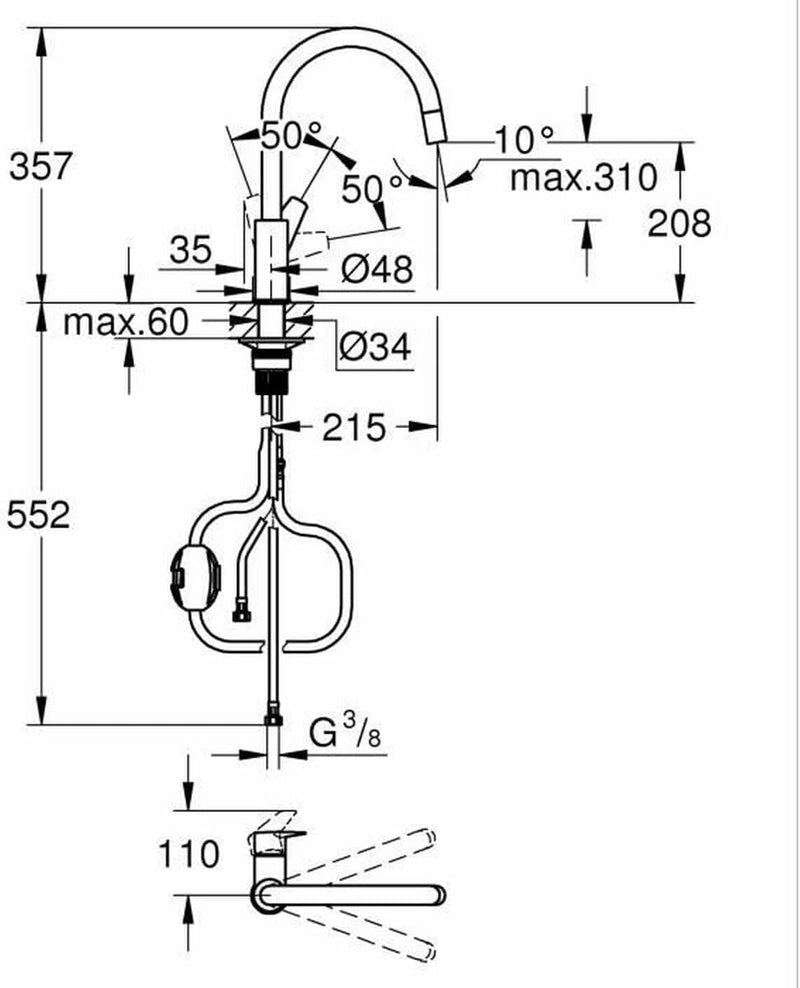 GROHE StartEdge - Einhand- Spültischarmatur (hoher Auslauf, herausziehbare Mousseurbrause, Schwenkbe