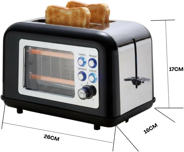Toaster aus Edelstahl, 2 breite Schlitze, 800 W in 7 Stufen, 2 Brotscheiben, Glassteuerungsfenster,
