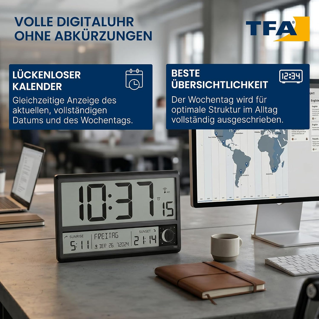 TFA Dostmann Digitale XL Funk Wanduhr, 60.4524.01, mit Sonnenauf- und -untergang, Weckalarm, grosse