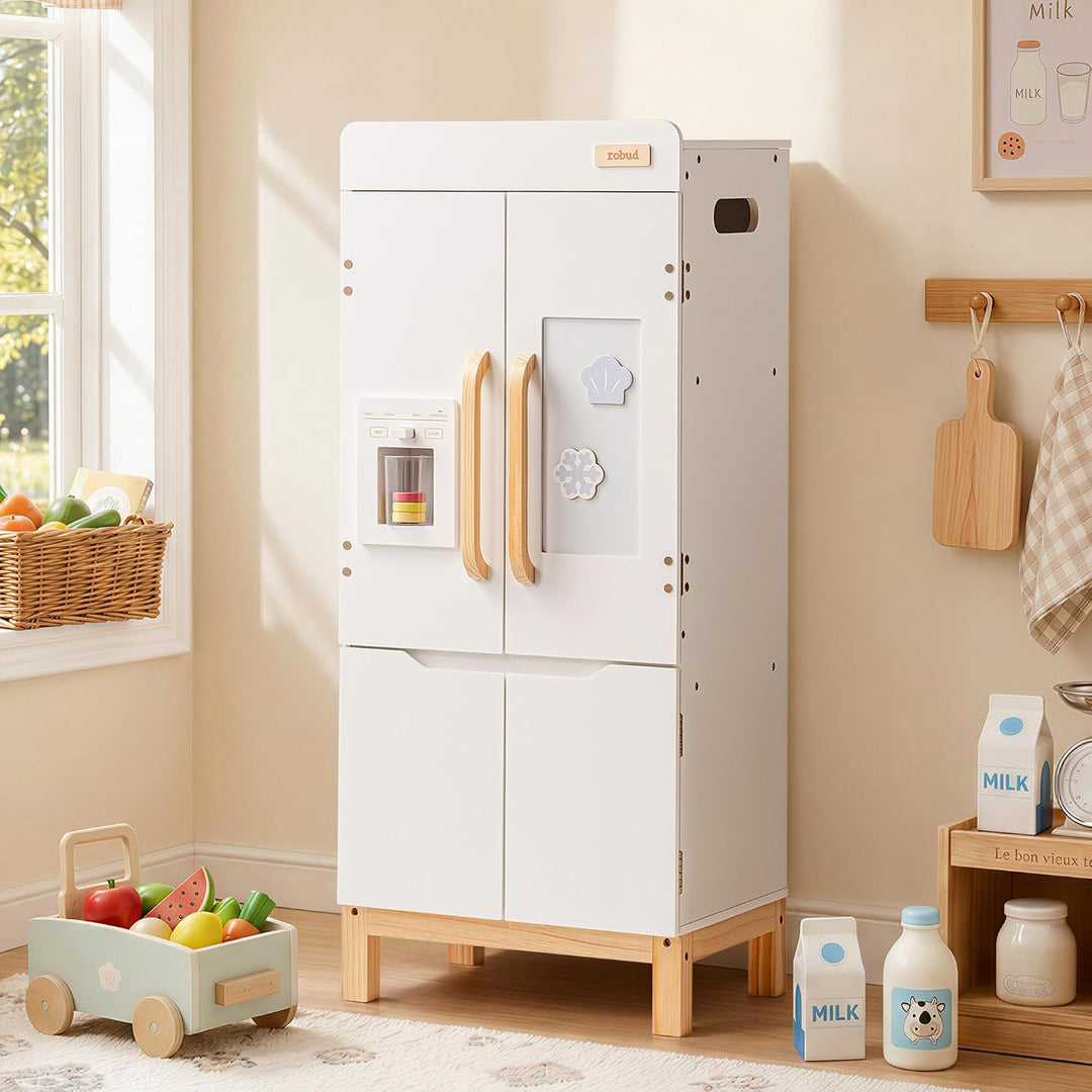 ROBUD Spielkühlschrank Holz für Kinder, Kinderküche Kühlschrank mit Getränkeautomat &amp; Aufbewahrung,