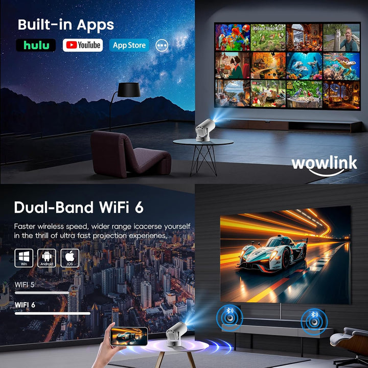 Mini Beamer Unterstützt 4K 1080P, Projektor Tragbarer mit WiFi 6 und Bluetooth 5.4, Beamer Klein Pro