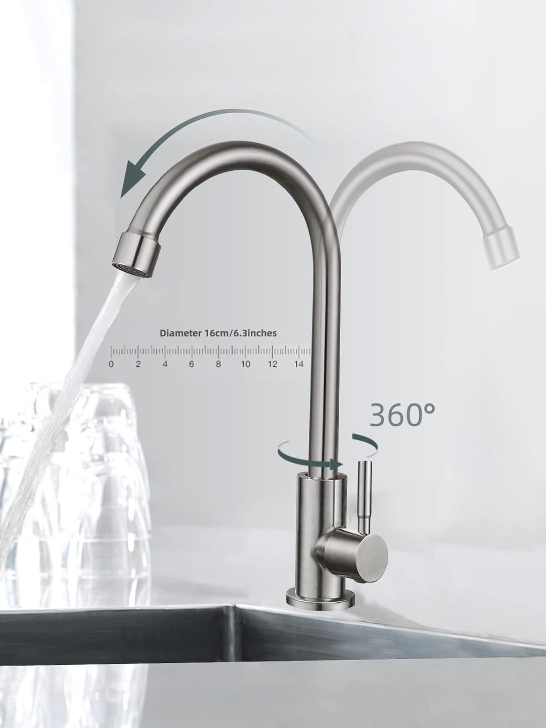 Kaltwasserhahn SUS304 Edelstahl Wasserhahn für Küchenspüle, hoher Bogen gebürstetes Nickel Küchenarm