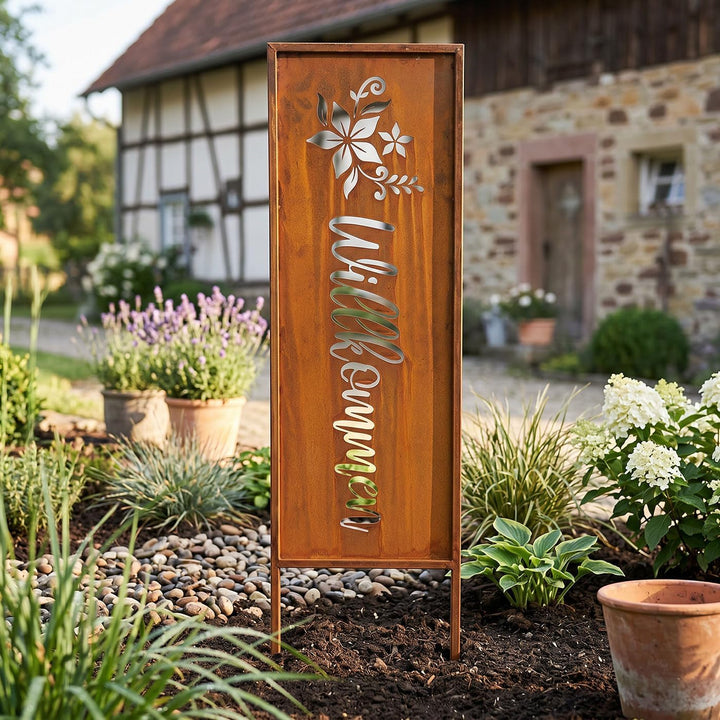 levandeo Willkommen H83cm Stele Rost Rostdeko Braun Gartenstecker Garten-Deko Gartenstecker Gartenst