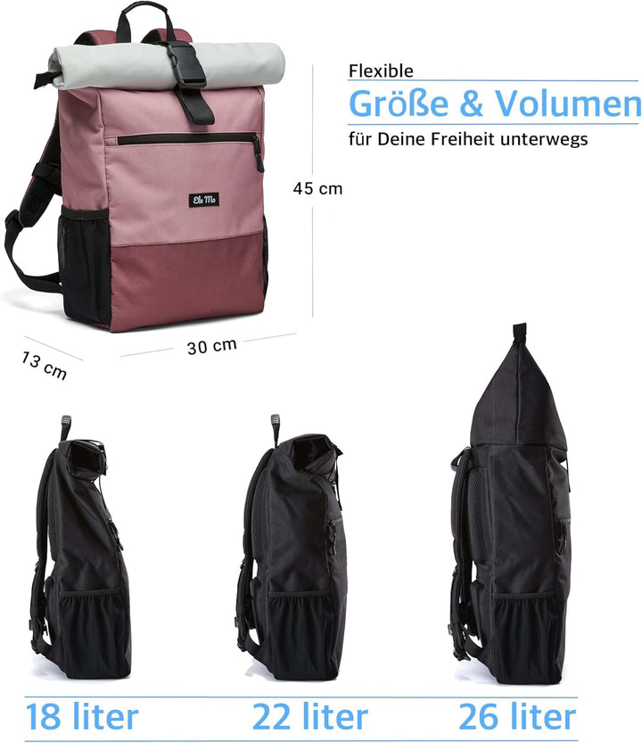 Ela Mo Rucksack Damen - Rolltop schön u. durchdacht - Laptop Rucksäcke für Frauen - Anti Diebstahl T