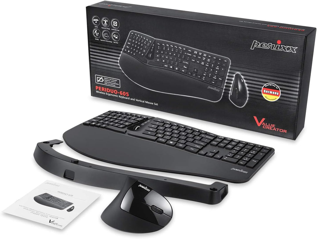 Perixx Periduo-605, Wireless Ergonomic Split Keyboard and Vertical Mouse Combo, Adjustable Palm Rest