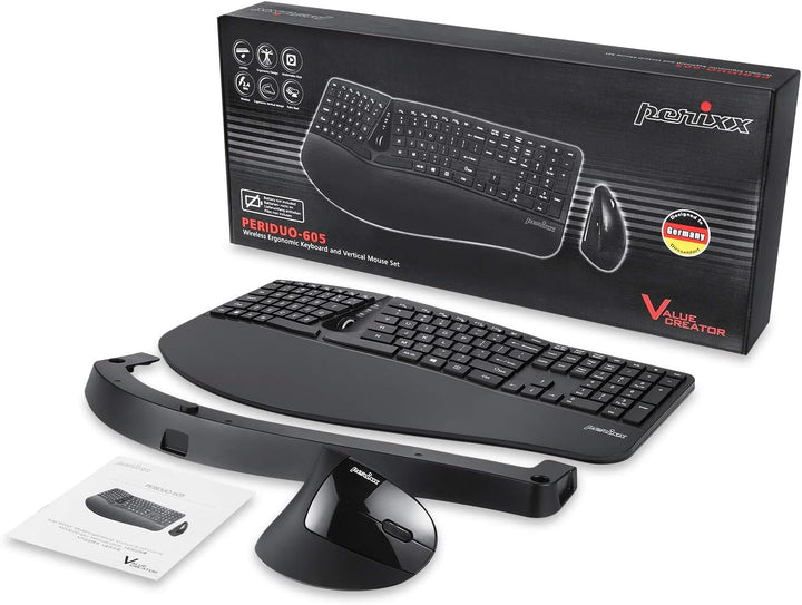 Perixx Periduo-605, Wireless Ergonomic Split Keyboard and Vertical Mouse Combo, Adjustable Palm Rest