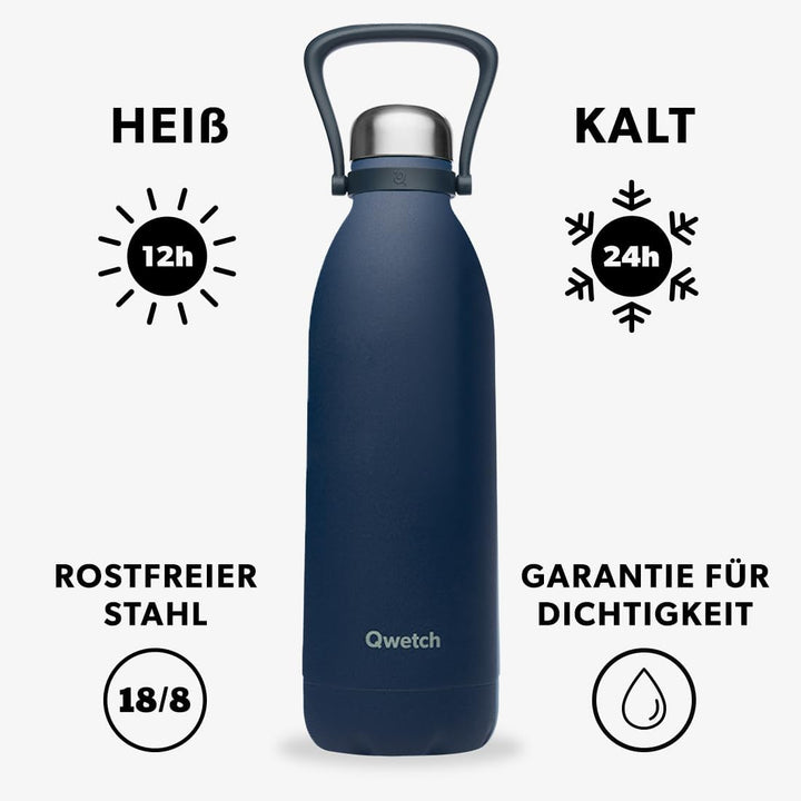 QWETCH - Isothermische Flasche - Titan Granite Blau 1,5L - 48h kalt & 16h heiss - BPA frei, wasserdi