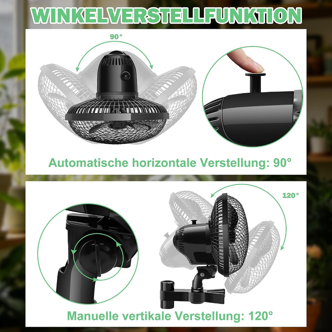 Oszillierender Grow Ventilator mit 2 Stufen, Clip Lüfter 20W | Stabiler Metallschutzgitter, Hitzebes