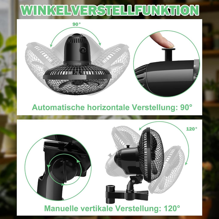Oszillierender Grow Ventilator mit 2 Stufen, Clip Lüfter 20W | Stabiler Metallschutzgitter, Hitzebes