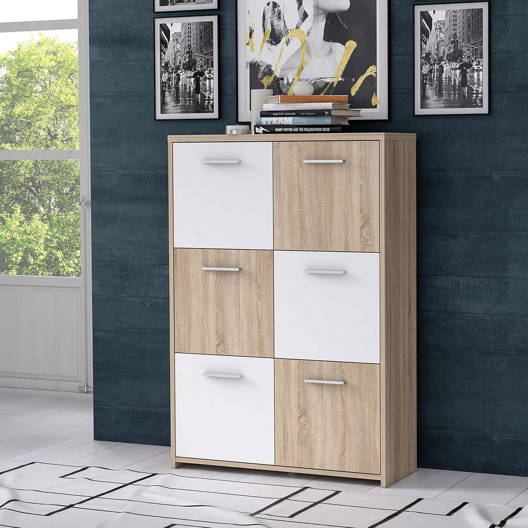 FORTE Quadro Kommode mit 6 Türen, Holzwerkstoff, Sonoma Eiche / Weiss, 77.2 x 29.6 x 112.7 cm, 29.6T