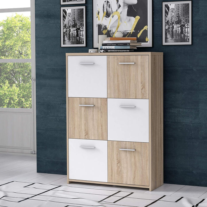 FORTE Quadro Kommode mit 6 Türen, Holzwerkstoff, Sonoma Eiche / Weiss, 77.2 x 29.6 x 112.7 cm, 29.6T