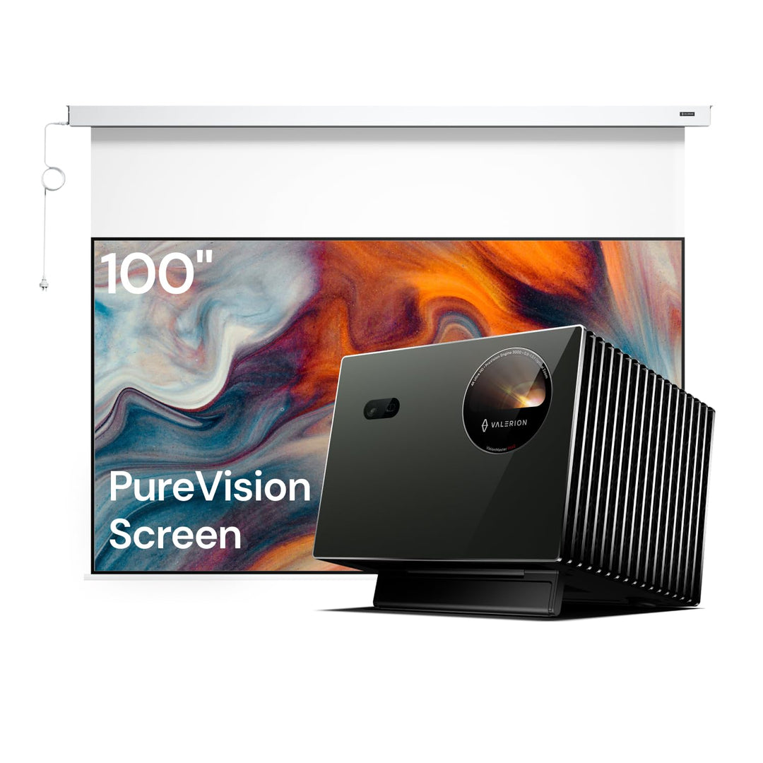 Heimkino-Paket: Valerion Pro 4K Triple-Laserprojektor mit 120-Zoll-PureVision-Bildschirm mit Motor –