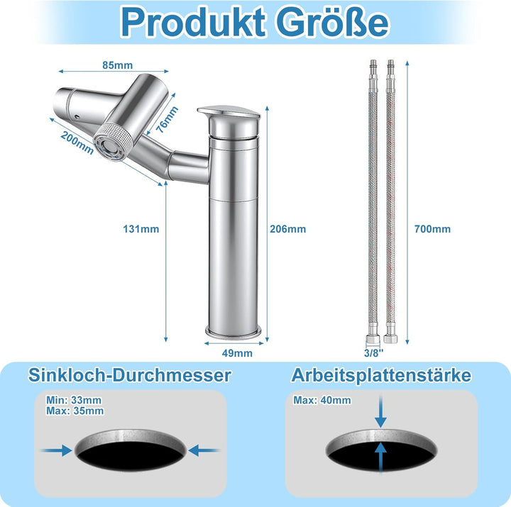 Badezimmer Wasserhahn, 1080° Drehbare Waschtischarmatur Höhenverstellbare Badezimmerarmatur Waschbec
