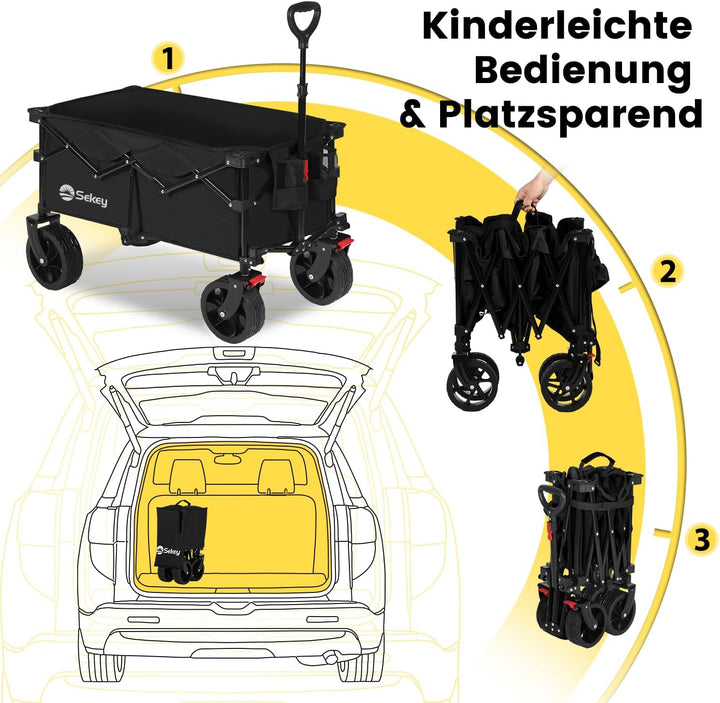 Sekey XXL Bollerwagen Faltbar mit Bremsen 150L 150KG, Breite Reifen Alle Gelände, Patentiert Zusamme