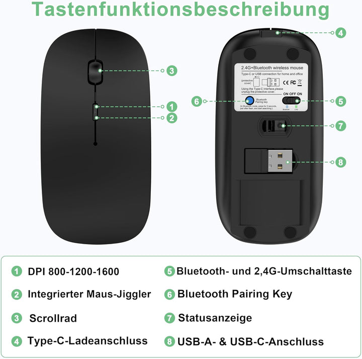 Kabellose Bluetooth Maus für MacBook Air Mac iPad Pro Laptop PC, Wiederaufladbare Funkmaus mit Jiggl