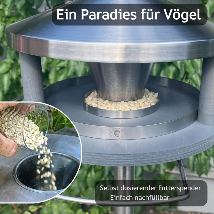Vogelhaus mit Ständer wetterfest aus Edelstahl - Stabiles Vogelfutterhaus für draussen, modern aus M