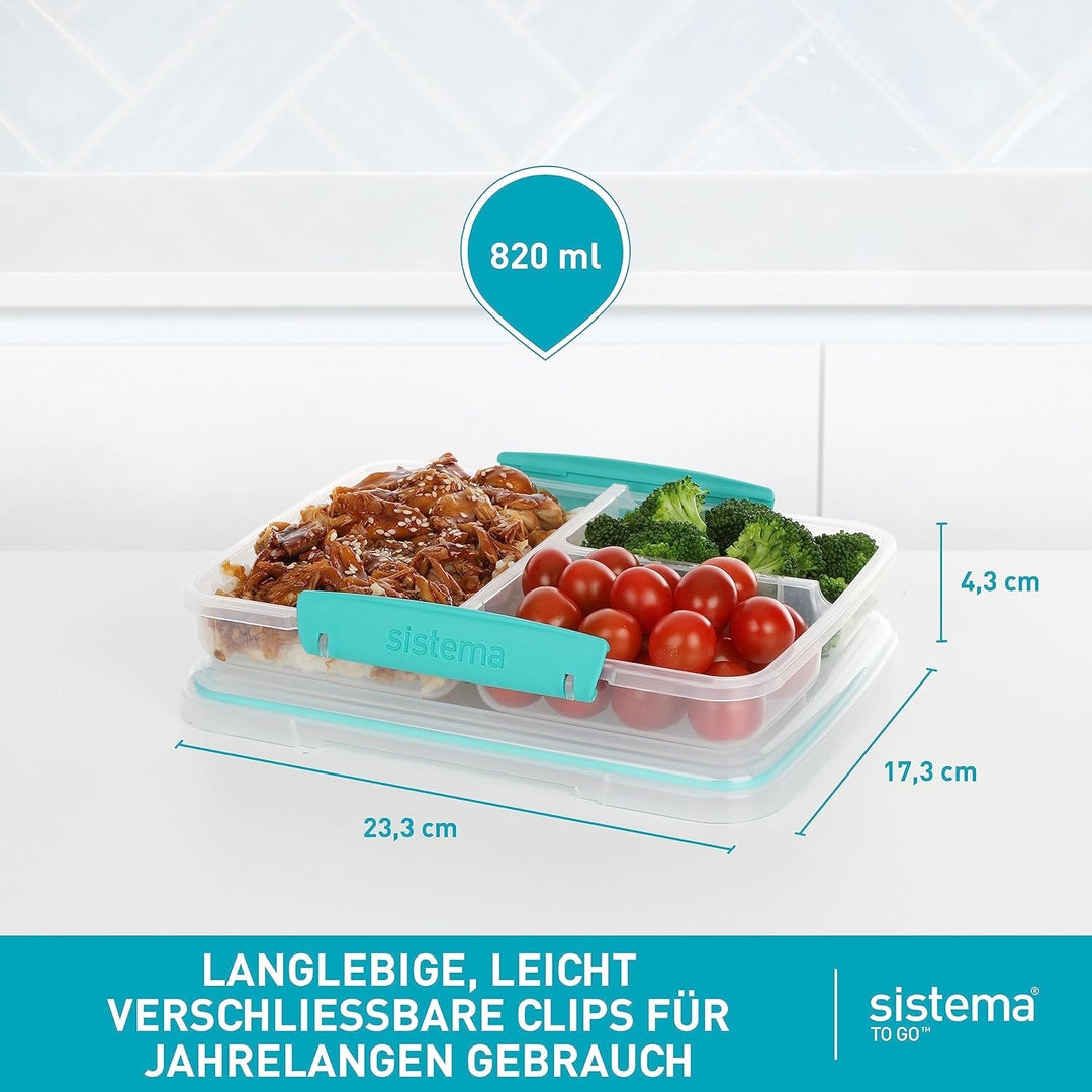 Sistema TO GO-Brotdose mit Fächern zum Portionieren | Lunchbox mit Trennfächern und Clips | 820 ml |