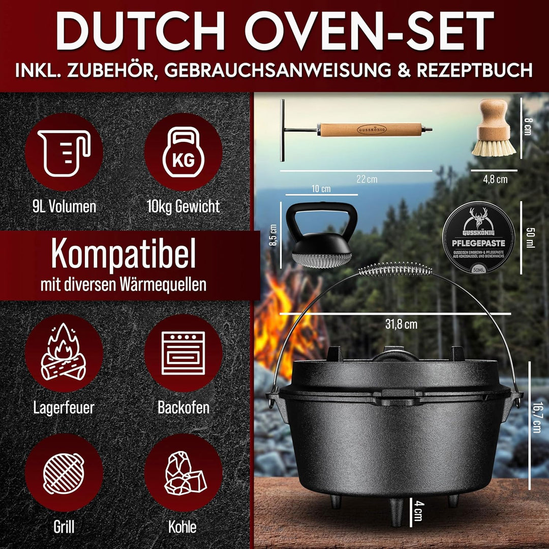 Dutch Oven Set – Eingebrannter Dutch Oven 9L - Feuertopf Gusseisen mit Füsse – Schmortopf Doppelfunk