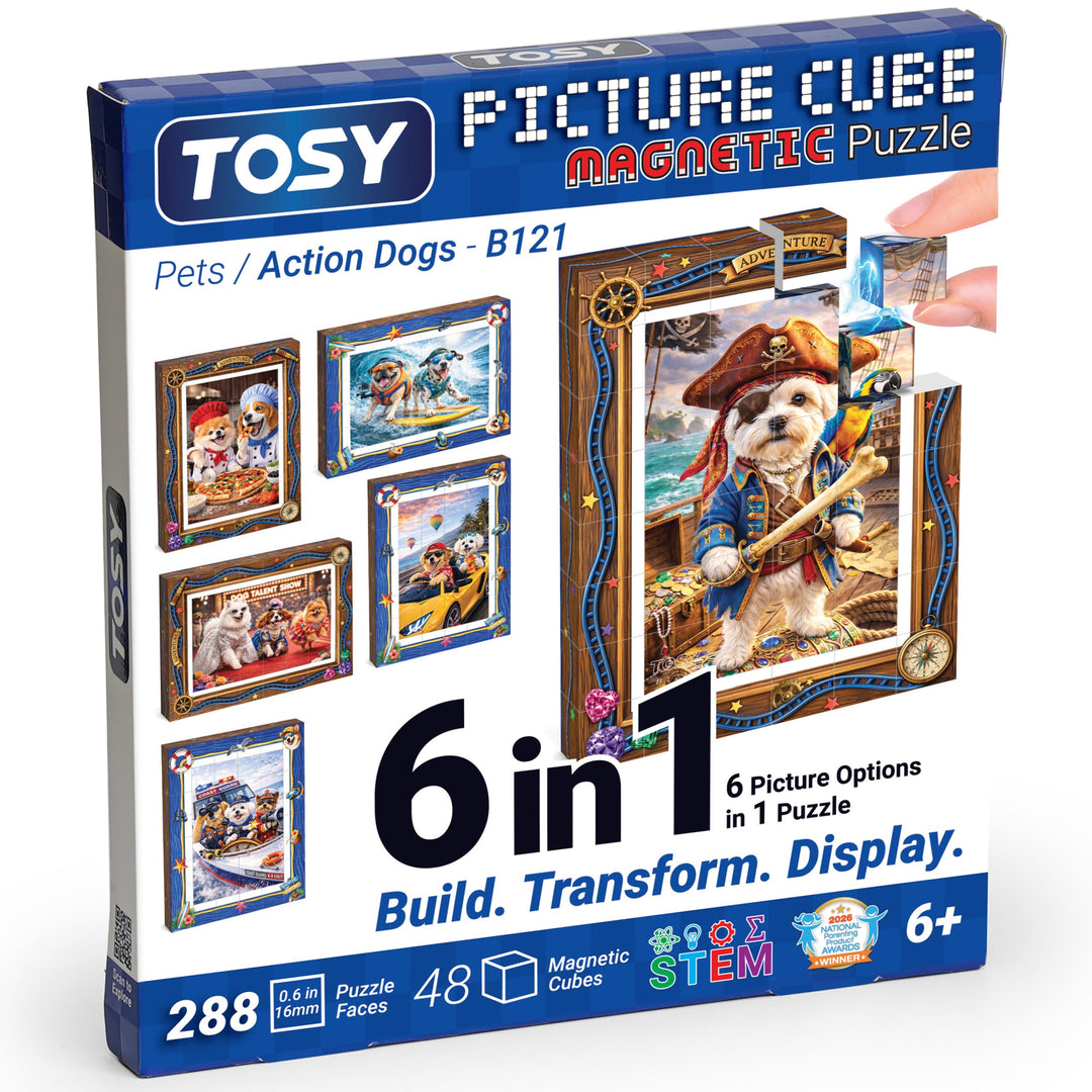 TOSY Picture Cube Action Dogs: 6-in-1 magnetisches Bilderpuzzle, 48 Blöcke, 288 Flächen/Magnete, 0,6