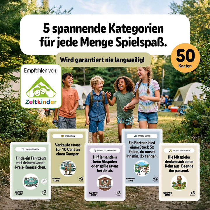 Camping Stars - Das spannende Aufgaben Kartenspiel für Kinder, 50 Karten, Camping Spiele Geschenk, R