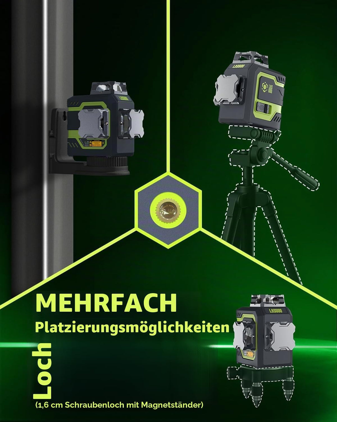 LasGoo LG-3DM Grüner Strahl-Laser-Nivelliergerät, selbstnivellierend, 3x360° Kreuzlinienlaser für Ba