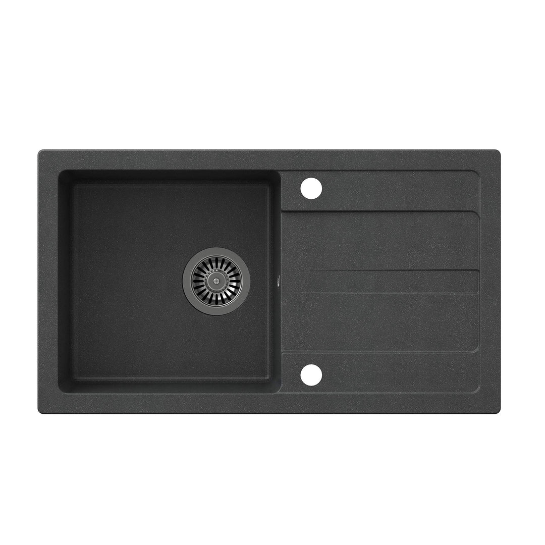 VBChome Spüle 77 x 44 cm Schwarz Granit Einzelbecken Einbauspüle Abtroffläche gesprenkelt reversibel