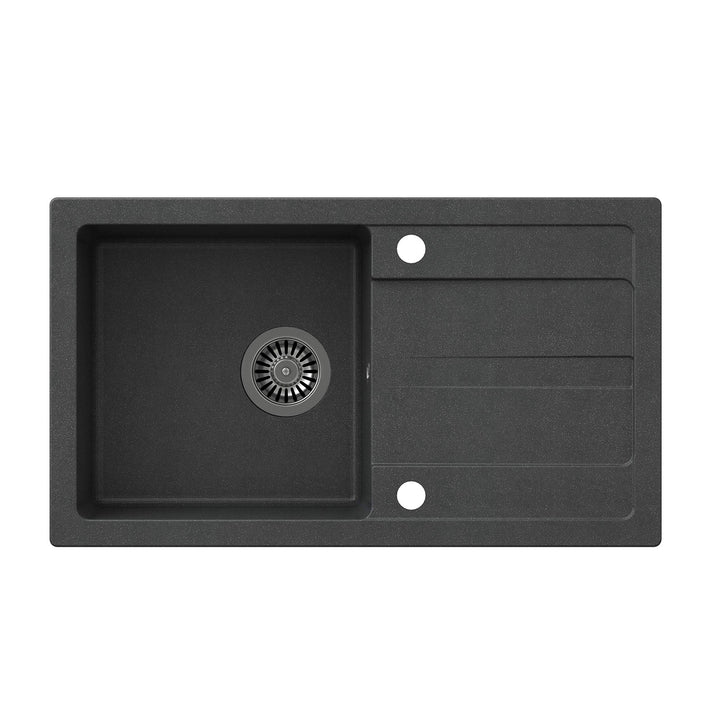 VBChome Spüle 77 x 44 cm Schwarz Granit Einzelbecken Einbauspüle Abtroffläche gesprenkelt reversibel