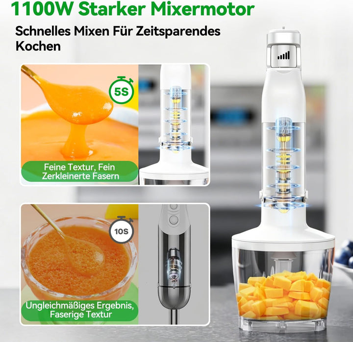 Stabmixer Set 5 in 1, 1100W Pürierstab Elektrisch, Stufenlose Geschwindigkeit, Edelstahl Hand Blende