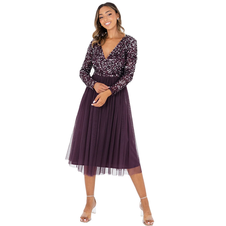 Maya Deluxe Midi Elegant Hochzeit Ärmel Tiefer V Ausschnitt Pailletten Cocktailkleid Abschlussball B