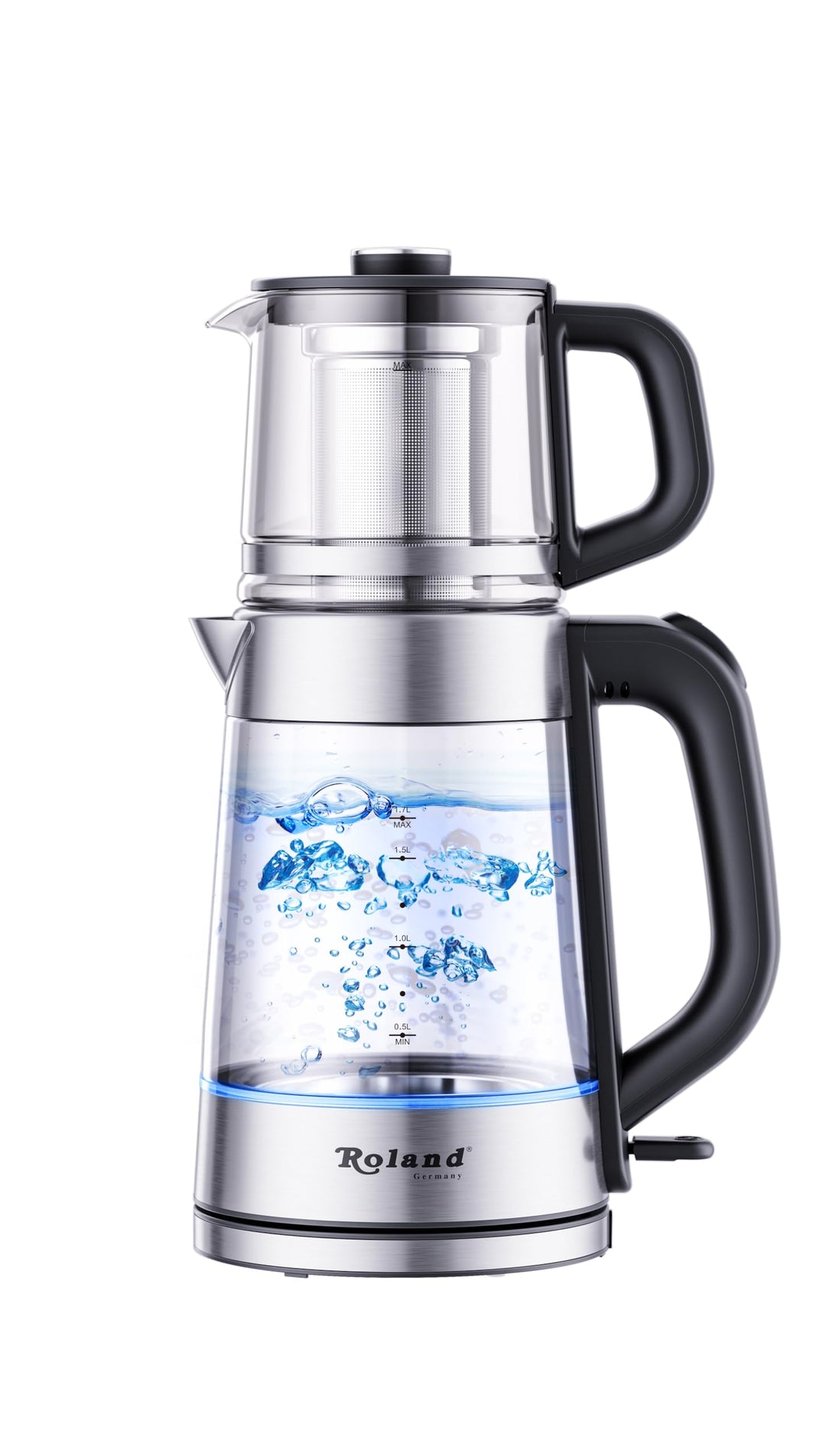 Roland Teekocher Teekanne – Elektrischer Wasserkocher 1,7L + Glas-Teekanne 1L mit Edelstahl-Teefilte