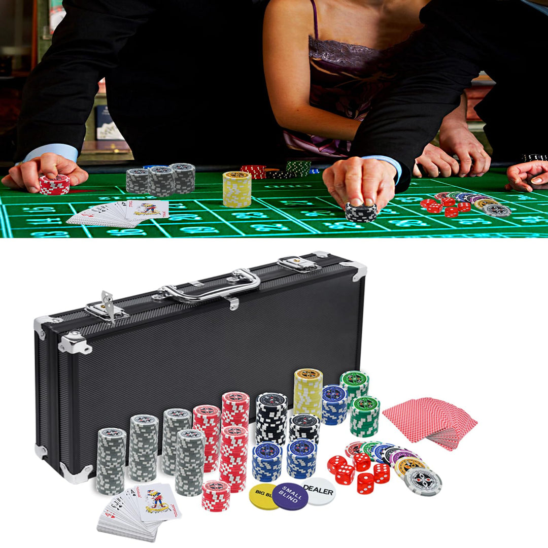 Pokerkoffer Pokerset mit 500 Laser Pokerchips mit Aluminium Gehäuse, 2X Pokerdecks, 5X Würfel, 3X De