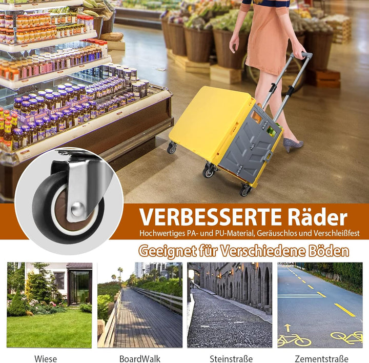 Einkaufstrolley Klappbar, Transport Trolley, bis 50 kg, 50 l Kiste, Einkaufskorb mit Deckel, Auszieh