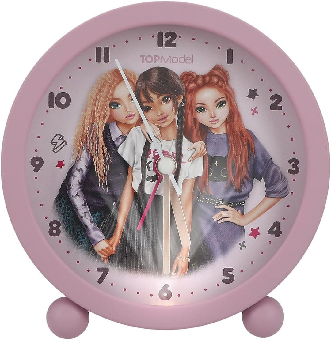 Depesche 13227 TOPModel Rebel Kitty - Wecker in Lila für Kinder, mit Model-Motiv, lautlose Uhr mit L