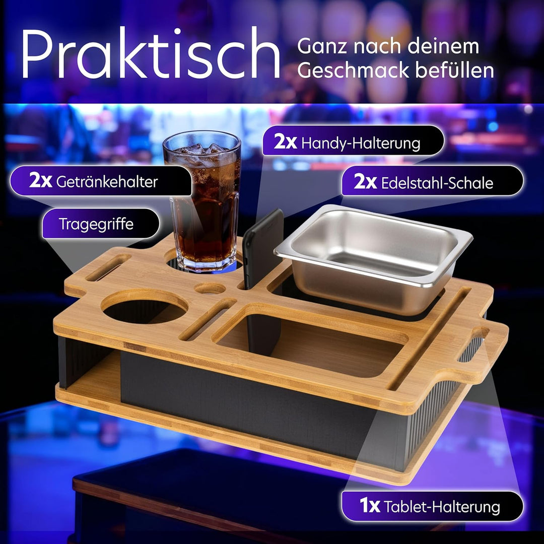 AH® Couchbar Snackbox mit Leuchteffekt – Bambus Sofa Tablett mit 2 Edelstahl-Schalen, Handy- & Geträ