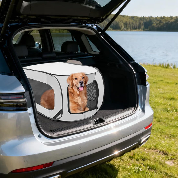Faltbare Hunde Transportbox 92x52x52 cm - Doppeltürig & Sicher für Autoreisen,Belüftetes Pop-Up Desi
