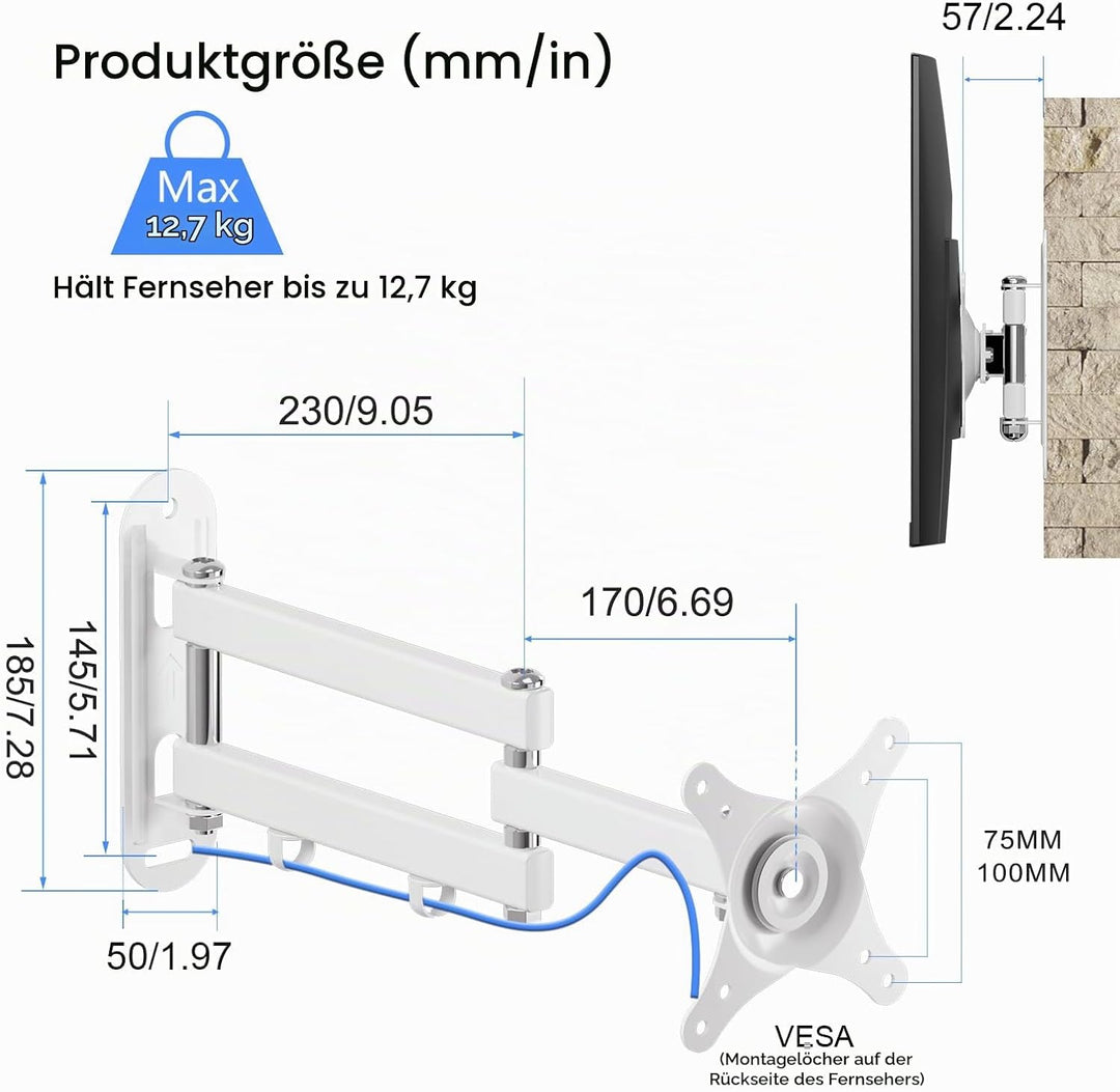 Suptek Fernseher Halterung, Schwenkbar für 15-32 Zoll VESA, TV Halterung bis zu 13Kg Weiss (MA2720W)