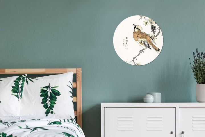 MuchoWow Wandbild Rund Wanddeko Deko Wohnzimmer Bilder 30x30 cm Vogel - Zweig - Schriftzeichen - Jap