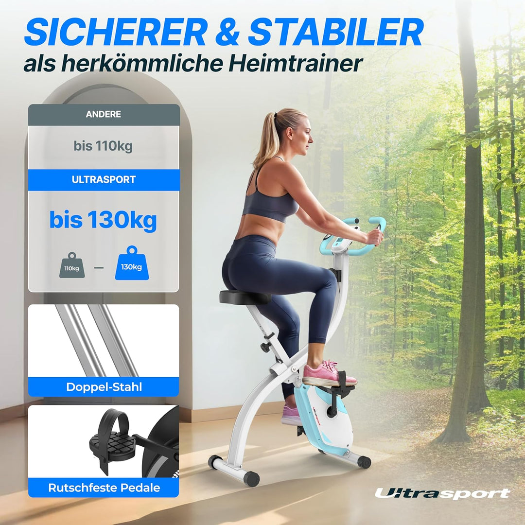 Ultrasport F-Bike 150/200, Heimtrainer, 8 Widerstandsstufen, Tablethalterung, Handpulssensoren, falt