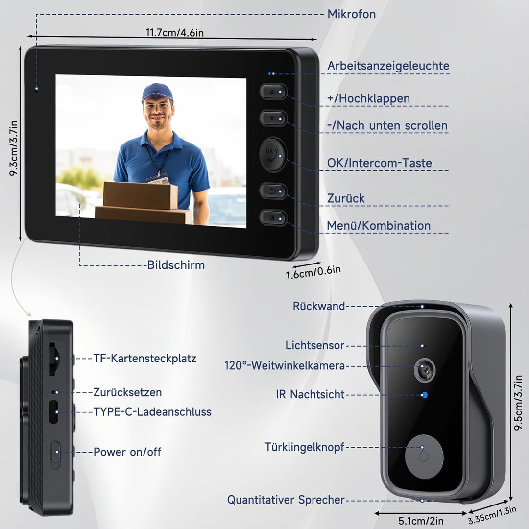 Video Türklingel mit Kamera, Drahtlose Türklingel mit 4,3 Zoll Bildschirm, Bluetooth Verbindung, 400