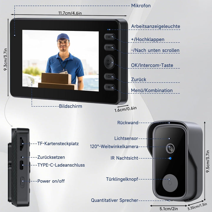 Video Türklingel mit Kamera, Drahtlose Türklingel mit 4,3 Zoll Bildschirm, Bluetooth Verbindung, 400