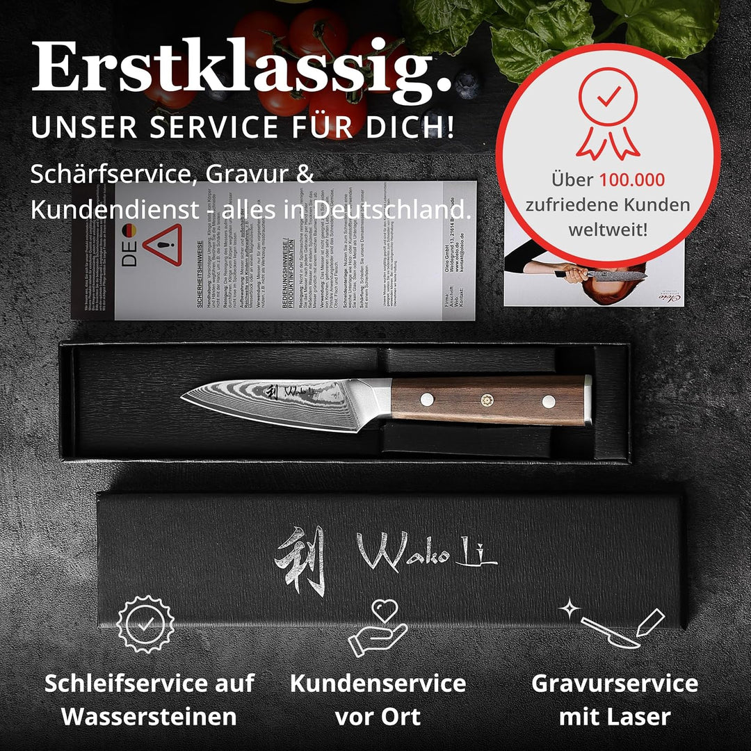 Wakoli Damast Küchenmesser Gemüsemesser mit 8 cm Klinge aus 67 Lagen Damaststahl und VG10 Kern, Waln