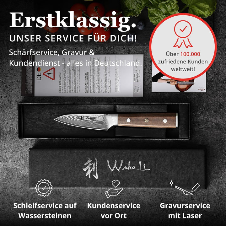 Wakoli Damast Küchenmesser Gemüsemesser mit 8 cm Klinge aus 67 Lagen Damaststahl und VG10 Kern, Waln