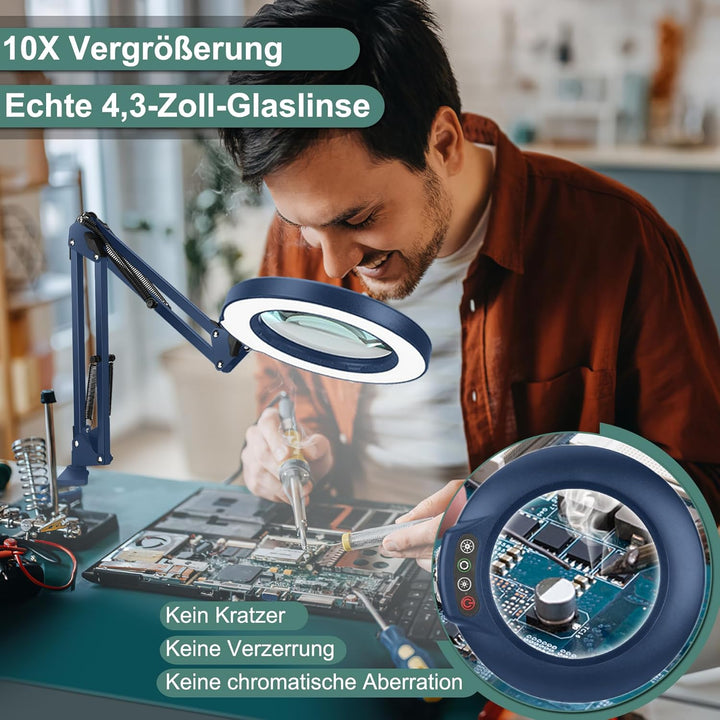 Veemagni 10X Echtes Glas Lupe mit Licht, 5 Farbmodi Stufenlos Dimmbar, Verstellbarer Schwenkarm LED